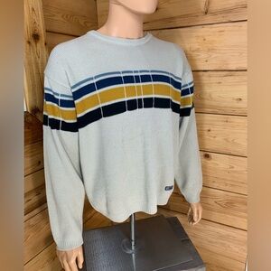 Vintage Men's Large Good Karma Striped Knit Sweater Cream Blue Yellow Prep Norm